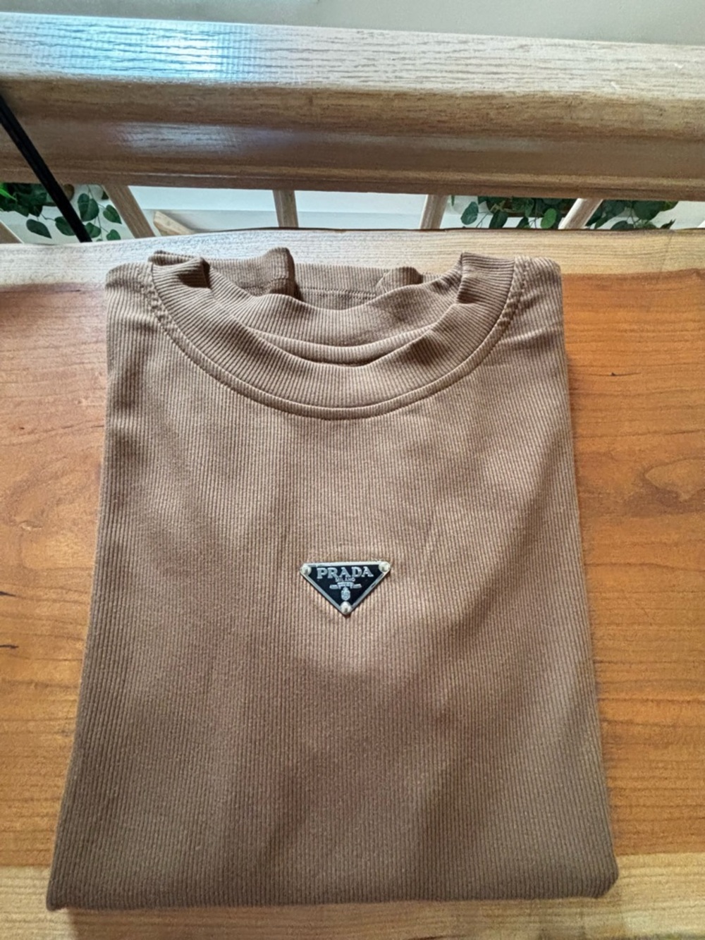 Prada Brown Ribbed Logo Tee with Silver Triangle one size